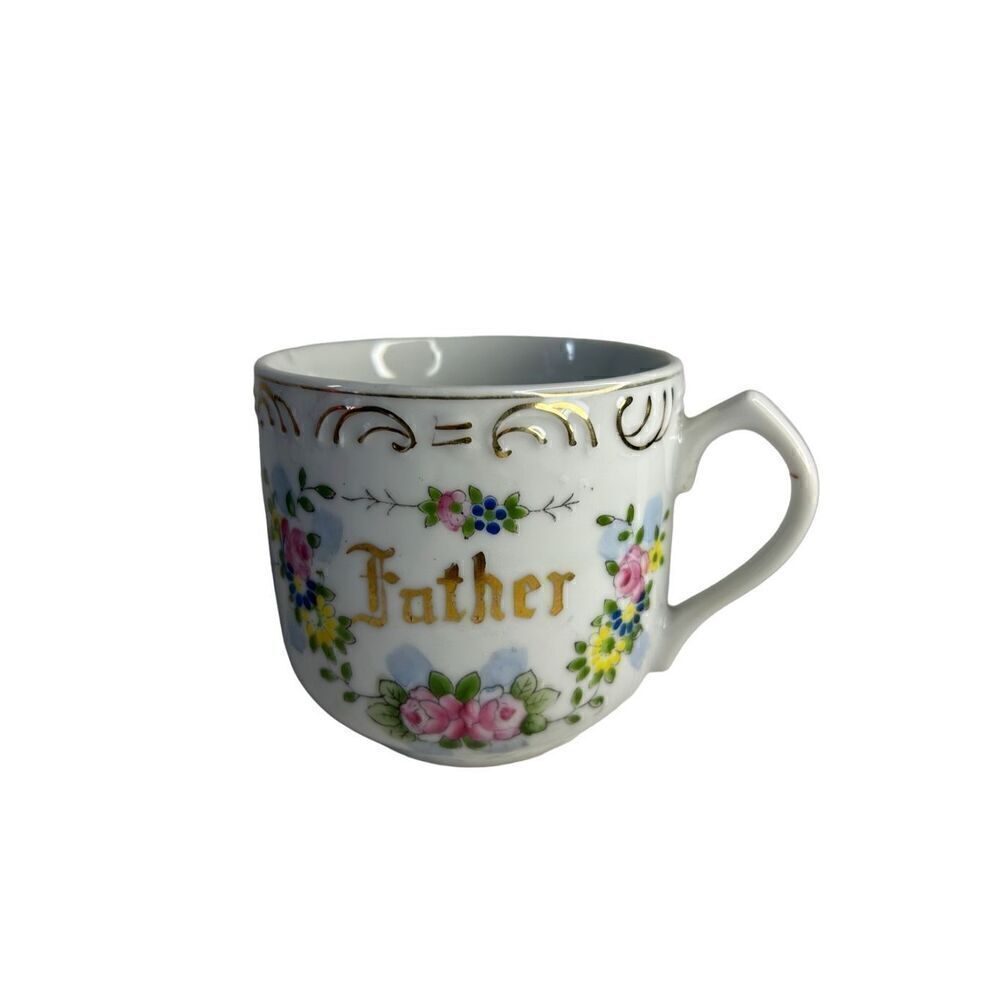 FATHER made in Jap Gold Floral Coffee Tea Mug Crack in Glaze on inside of mug